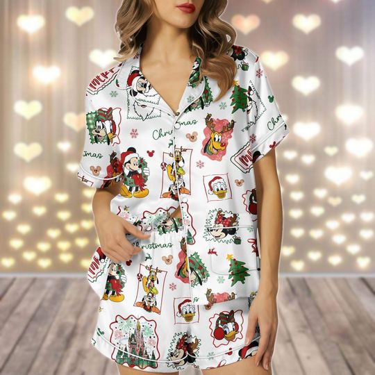 Discover Disney Merry Christmas Satin Pajamas Set with Pocket, Mickey and Friends Holiday Loungewear, Disneyland Trip 2025 Pjs