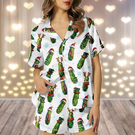 Discover Women's Pickleball Lights Christmas Satin Pajama Set with Pocket