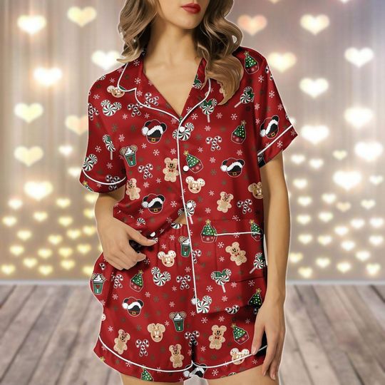Discover Mickey Mouse Christmas Satin Pajamas Set with Pocket, Gingerbread Candies Holiday Lounge Set, Disney Minnie Xmas Sleepwear