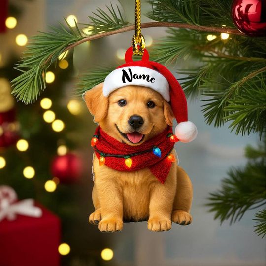 Discover Custom Cute Sitting Dog with Santa Hat Christmas Ornament, Christmas Tree Hanging Decor, Christmas Ornament, Flat 2D Ornament