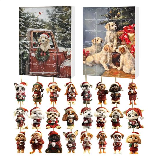 Dog Christmas Advent Calendar 24 Days Countdown with 2D Acrylic Animal Ornaments for Tree Window Wall Door Car Decor Xmas Gifts