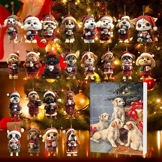 Discover Dog Christmas Advent Calendar 24 Days Countdown with 2D Acrylic Animal Ornaments for Tree Window Wall Door Car Decor