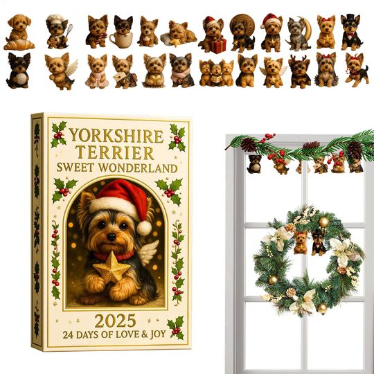 Yorkshire Terrier Advent Calendar 2025 24 Days 2D Acrylic Ornaments Dog Lover Gift Christmas Tree Decor for Home Window Display