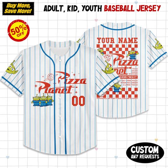 Discover Personalized Pizza Planet Toy Story Baseball Jersey for Adults, Disney Baseball Team Outfit, Cartoon Birthday Gift For Kid Adult