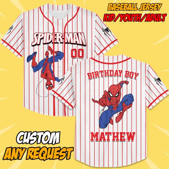 Personalized Spiderman Baseball Jersey, Custom Spidey Baseball Jersey Kids, Youth, Adult, Spiderman Birthday Boy Jersey, Family Shirts