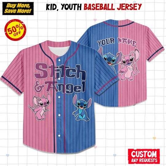 Discover Custom Two Color Jersey Stitch And Angel Blue Pink Family Matching Outfit, Baseball Style, Personalized Kid & Adult Gift for Disney Fan