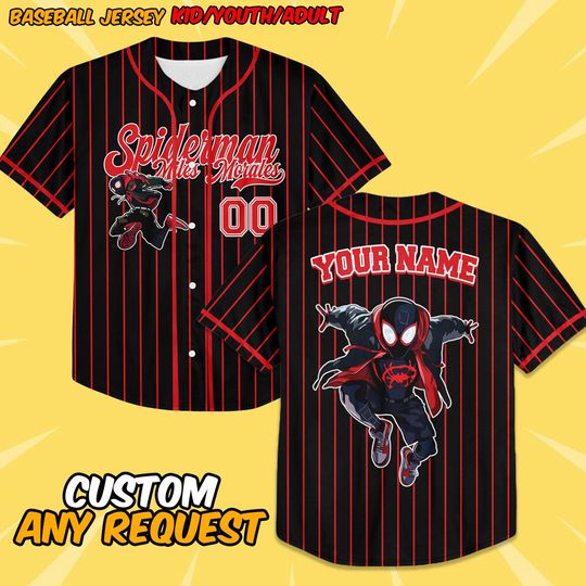 Discover Custom Disney Spiderman Spiderverse Miles Morales Black Baseball jersey, Spidey Baseball Jersey, Gift for Spider Fan, Spider Man Birthday