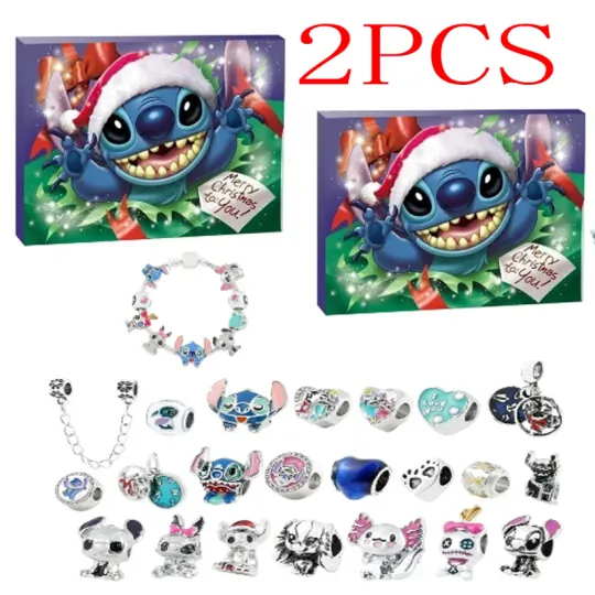 @2025 *Stitch Christmas Advent Calendar Bracelets 24 Days Xmas Countdown Calendar Necklace Diy Jewelry Making Kit For Girl Gift