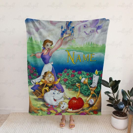 Discover Beauty And The Beast Characters Custom Blanket, Belle Princess Throw Blanket, Lumiere Cogsworth Chip Potts, Adults Girl Home Decor, VTB609