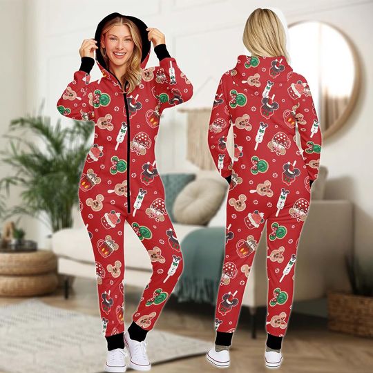 Discover Christmas Mickey Candy Onesie, Red Mickey Holiday Jumpsuit for Adults, Gingerbread Cookie Pajamas, Cozy Xmas Hooded Suit, Family Matching Ou