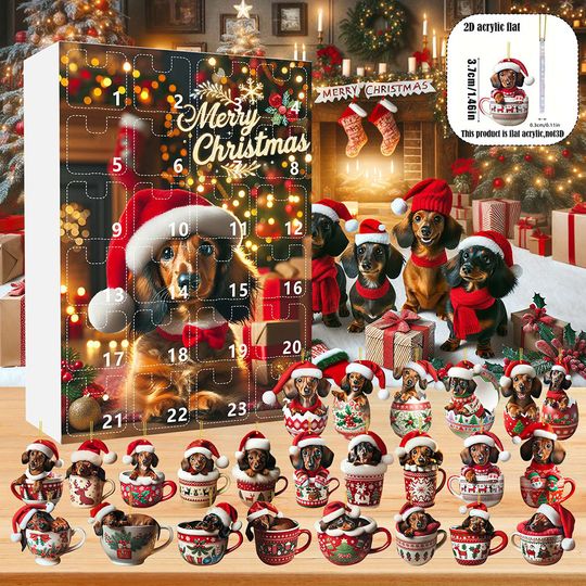 24 Days Dachshunds Christmas Holiday Advent Calendar 2D Acrylic Dachshunds Ornament Countdown Calendar Xmas Tree Hanging Pendant