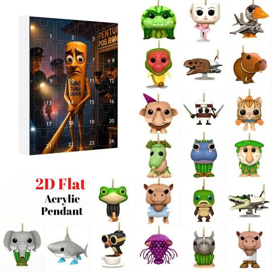 Discover 2D Flat Acrylic Italian Brainrot Advent Calendar,Halloween Advent Calendar 2025,24 Day Italian Brain Rot hanging for Tree bag