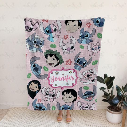Discover Personalized Lilo & Stitch Throw Blanket, Angel And Stitch Cute Blanket, Ohanas Mean Family Blanket, Disneyland Bed Couch Sofa Decor, NVA835