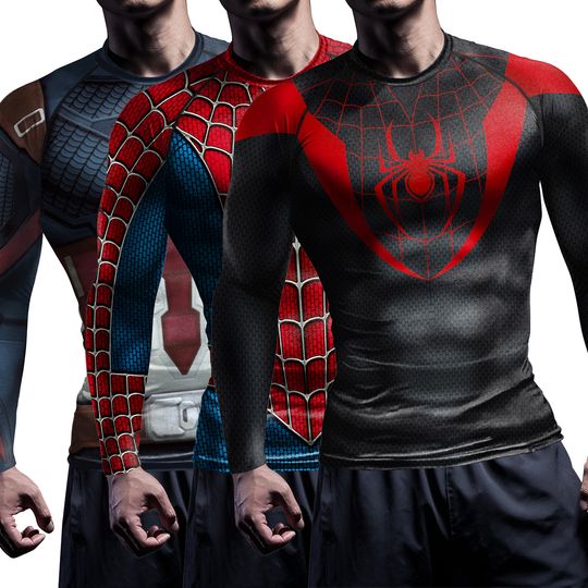 Discover Compression Shirts for Men Long Sleeve Comics Spider Cosplay T-Shirt Superhero Top Elastic Fitness Sportwear Halloween Clothes