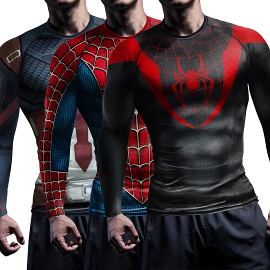 Discover Compression Shirts for Men Long Sleeve Comics Spider Cosplay T-Shirt Superhero Top Elastic Fitness Sportwear Halloween Clothes
