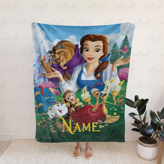 Personalized Name Princess Belle Blanket, Beauty And The Beast Blanket, Kid Birthday Gift, Fairy Tales Family Throw Blanket Sofa Bed, VTB609