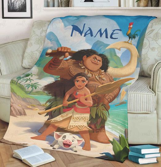 Personalized Moana Characters Blanket, Pug Pig Hei Hei Maui, Princess Moana Lovers Blanket, Disneyland Christmas Blanket For Kids, VTB622