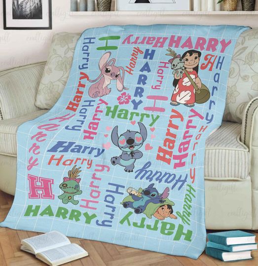 Custom Name Stitch Characters Blanket, Lilo And Stitch Throw Blanket, Stitch Angel Birthday Gift, Ohanas Mean Family Soft Blanket, NVA830