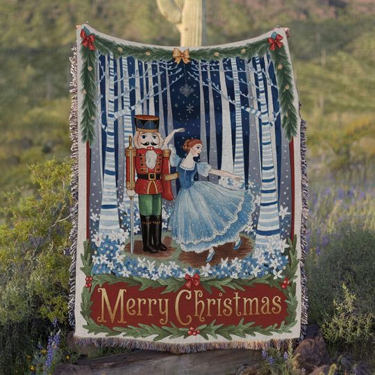 Discover Retro Merry Christmas Nutcracker Ballerina Blanket, Vintage Ballet Nutcracker Christmas Blanket, Winter Snowy Forest Gift Blanket,MYE985