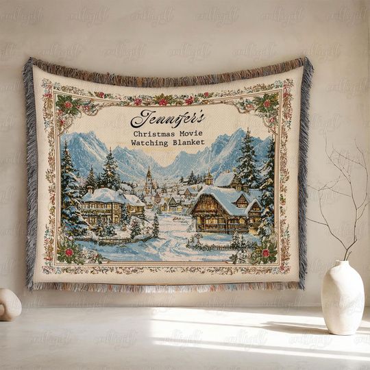 Personalized Christmas Movie Blanket, Snowy Village Winter Blanket, Custom Holiday Movie Watching Blanket, Winter Wonderland Blanket, MYK170