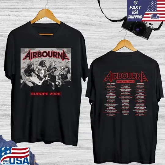 Discover AIRBOURNE BAND EUROPE TOUR DATE DOUBLE SIDED 2025 T SHIRT FULL SIZE