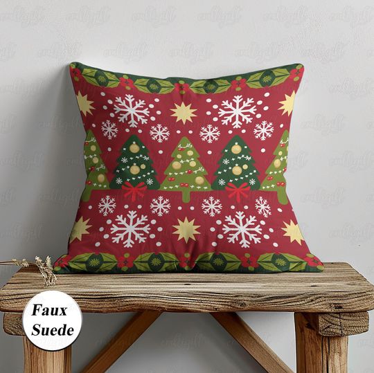 Discover Merry And Bright Holiday Pillow, Christmas Pine Trees Pillowcase, Cute Snowflake Cushion Cover, Scandinavian Style Indoor Party Decor MYK556