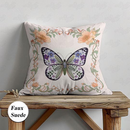Discover Vintage Floral Butterfly Pillow, Mystical Butterfly Moth Pillow, Coquette Aesthetic Woven Pillow, Rustic Season Wildflowers Pillow, MYI251