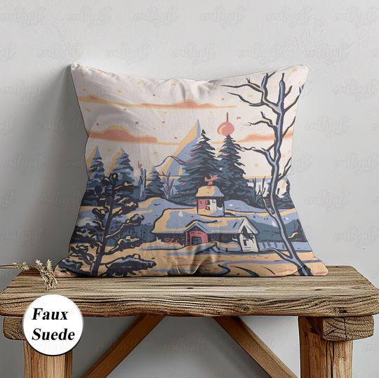 Winter Town Christmas Landscape Pillow, Snowy Village Pillowcase, Peaceful Xmas Holiday Countryside Pillow, Bed Sofa Couch Cushion,
