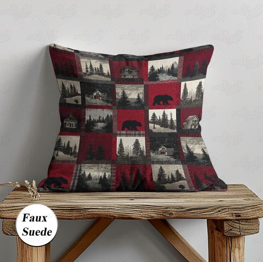 Discover Rustic Lodge Christmas Patchworks Pillow, Dark Cottagecore Pillow Cover, Xmas Pine Forest Retro Cushion, Holiday Sofa Indoor Decor, MYK179