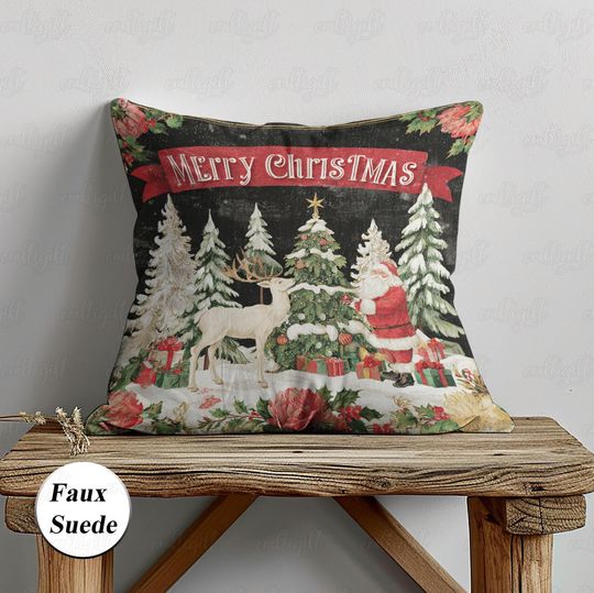 Discover Retro Santa And Reindeer Pillow, Christmas Throw Pillow Covers, Vintage Xmas Cushion Case, Unique Winter Holiday Living Room Accent, MYK589