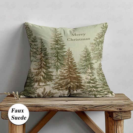 Discover Cottagecore Merry Christmas Pillow, Retro Pine Forest Pillow Cover, Green Couch Cushion Decor, Holiday Xmas Tree Pillow Home Accent, MYK592