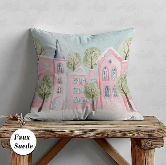 Discover Watercolor Christmas City Pillow, Christmas Urban Holiday Lumbar Cushion, Sweet House Cute Xmas Pillow, Cozy Winter Holly Jolly Decor