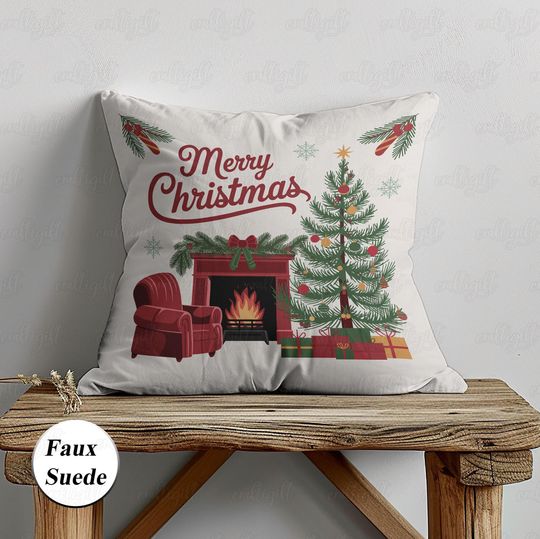 Discover Cozy Winter Fireplace Pillowcase, Merry Christmas Pillow Cover, Xmas Tree And Bauble Cushion, Holly Holiday Living Room Couch Decor,
