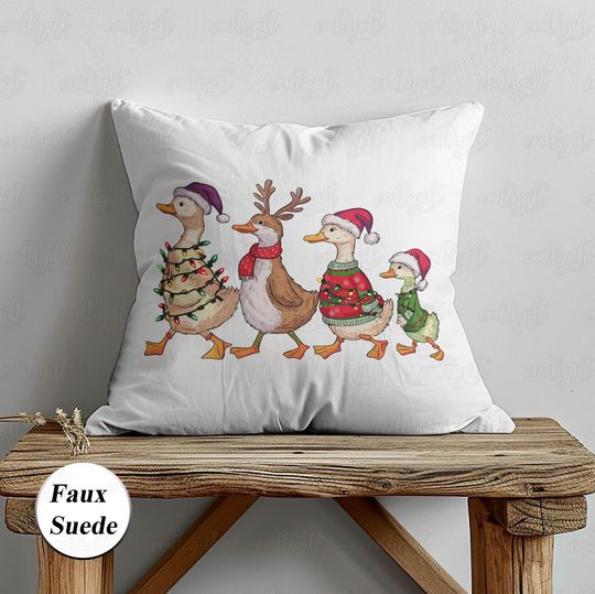 Discover Cute Goose's Line Pillowcase, Christmas Goose Cushion Cover, Cozy Duck Xmas Lights Pillow, Funny Santa Reindeer Nursery Room Decor,
