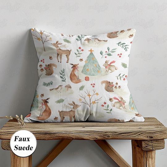 Discover Watercolor Wildlife Christmas Pillow, Deer Holly Jolly Pillowcase, Elegant Holiday Living Room Decor, Rustic Winter Party Family Gift