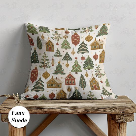 Discover Kawaii Christmas Ginger House Pillow, Holiday Throw Pillow Cover, Cute Pine Tree Cushion Case, Winter Festive Nursery Kids Room Decor