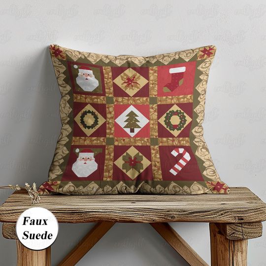 Pixel Santa Claus Pillow Cover, Christmas Wreath Pillowcase, Sweet Candy Xmas Cushion, Holiday Party Decor, 1st Xmas Kids Baby Gift,