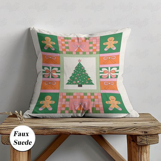 Discover Cute Christmas Bows Pillow, Gingerman And Pine Pillow Cover, Vibrant Holiday Cushion Case, Xmas Party Unique Gift, Girls Home Decor,