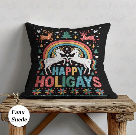 Discover Funny Happy Holigays Pillow, Unicorn Couple And Rainbow Pillow, Gay Pride Christmas Pillowcase, LGBT Equal Rights Festive Home Decor,