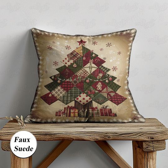 Cottage Patchwork Xmas Tree Pillow, Christmas Pine Checker Pillowcase, Retro Holiday Decorative Pillow, Unique Winter Gift For Family