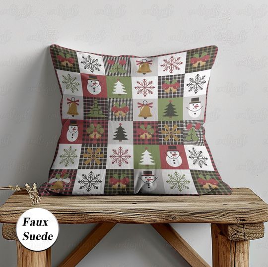 Colorful Christmas Checkered Pillowcase, Snowflake Snowman Pillow, Cute Pine Trees Cushion Case, Holiday Festive Party Indoor Decor,