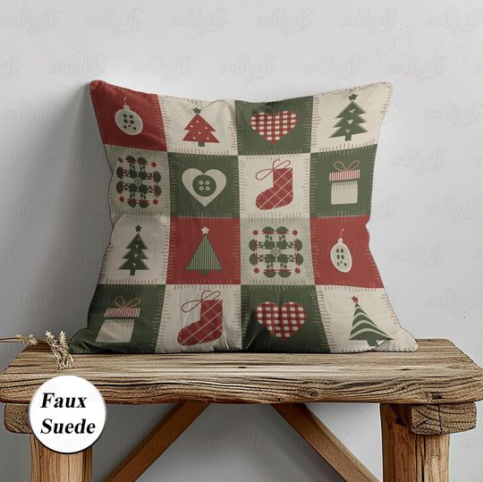 Discover Retro Christmas Patchwork Style Pillow, Holiday Tree Cartoon Pillowcase, Cute Xmas Square Cushion, Winter Festive Party House Decor,