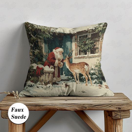 Discover Santa And Reindeer Pillow Cover, Vintage Christmas Santa Pillow, Santa Claus Cushion Case, Holiday Sofa Couch Decor, Gift For Family,
