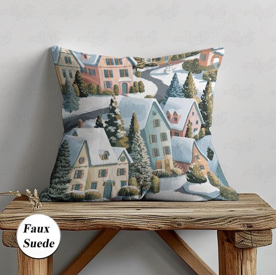 Discover Wonderful Land Christmas Pillow, Winter Town Landscape Pillowcase, Snowy House And Pine Trees Pillow, Holiday Festive Bedroom Decor,