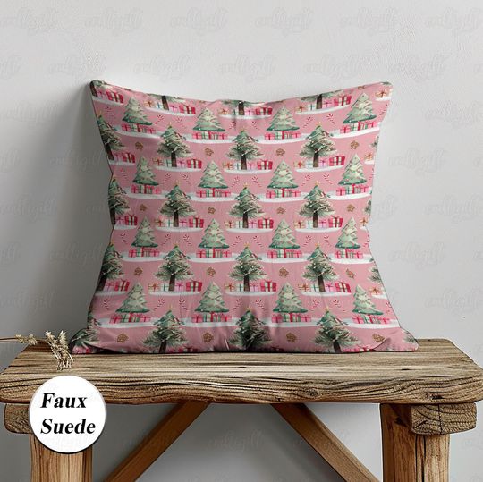 Discover Pink Christmas Pillow For Girls, Pine Tree And Gifts Pillow, Cute Xmas Candy Cushion Cover, Holiday Gift For Besties Mom Girlfriend,