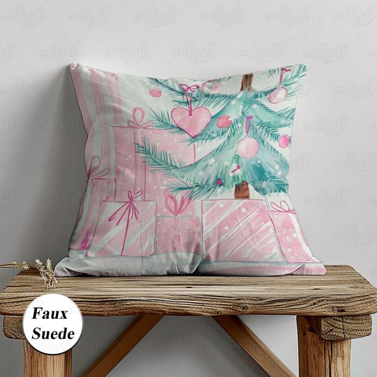 Preppy Christmas Pastel Gifts Pillow, Sage Green Christmas Tree Throw Pillow, Holiday Pink Couch Cushion, Santa Claus Pillow Set