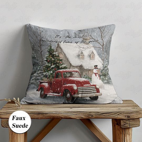 Discover Retro Red Truck Farmhouse Pillow, Snowy Wonderland Winter Pillow, Snowman And Pine Tree Cushion, Christmas Festive Cozy Keepsake Gift