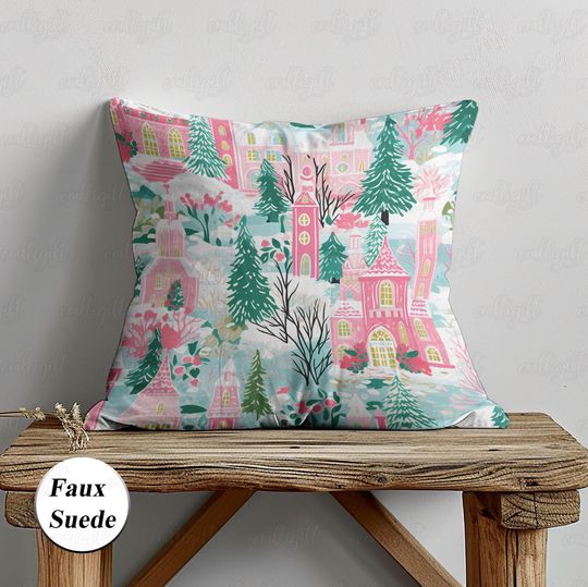 Discover Pink Christmas House Pillow Cover, Whimsical Winter Village Throw Pillow, Holiday Wonderland Vintage Cushion, Pastel Xmas Home Decor,