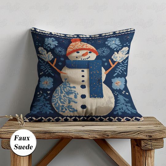 Discover Snowman Christmas Pillow Cover, Festive Knit Style Pillowcase, Cozy Holiday Living Room Decor, Blue Couch Cushion, Merry Xmas Gift,