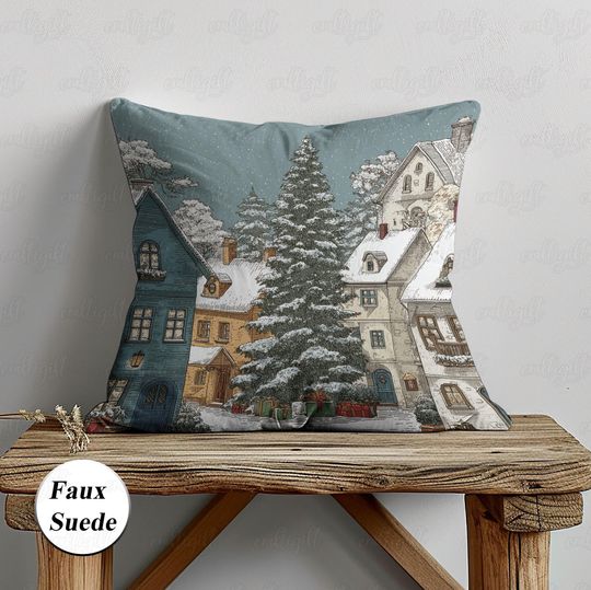 Discover Snowy Christmas Village Pillow Cover, Farmhouse Style Cushion Case, Rustic Xmas Decorative Lumbar Pillow, Festive Winter Home Decor,